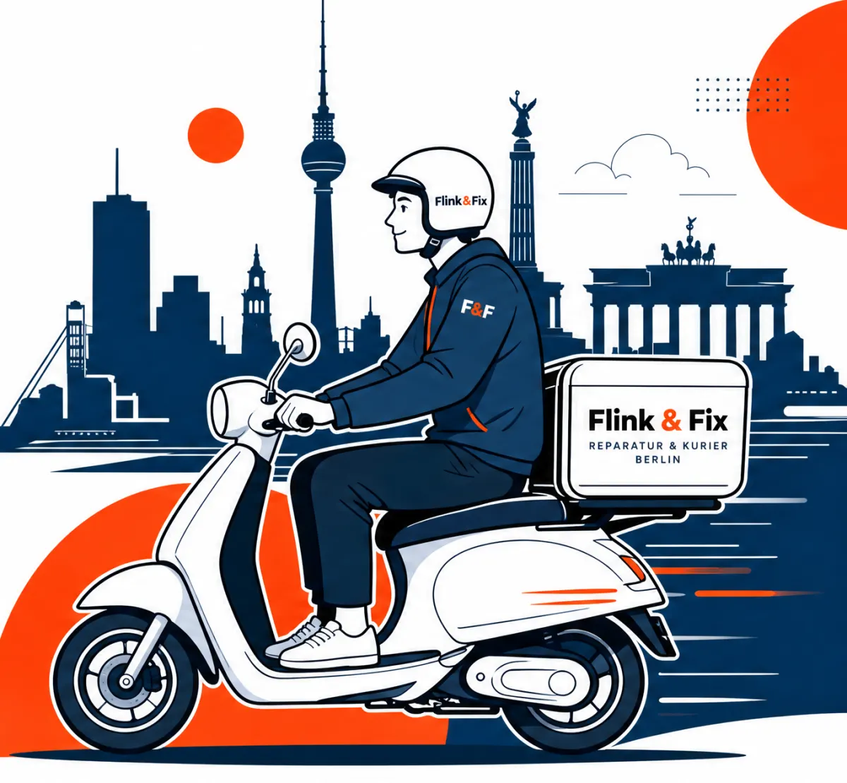 Flink & Fix Kurier auf dem Roller vor der Berliner Skyline mit Fernsehturm und Brandenburger Tor